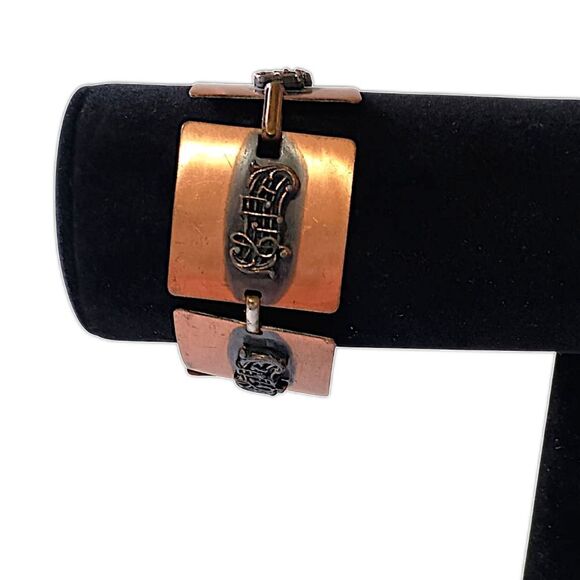 Vintage Copper Bracelet Music Notes Treble Clef Square Panel Links MCM Chunky - Picture 1 of 16